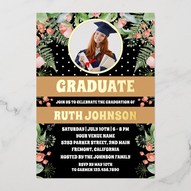 Black Gold Floral Graduation Party Photo (Front)