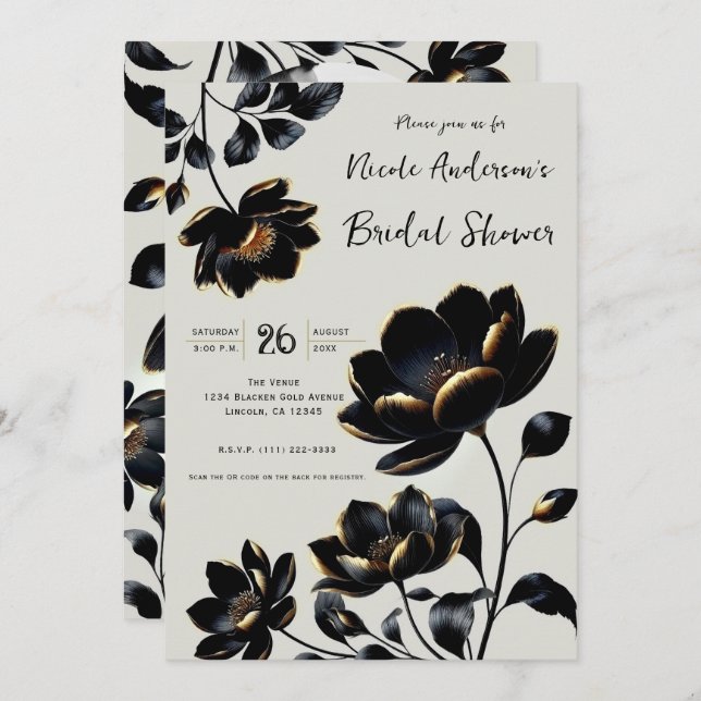 Black & Gold Floral Greige Bridal Shower Invitation (Front/Back)