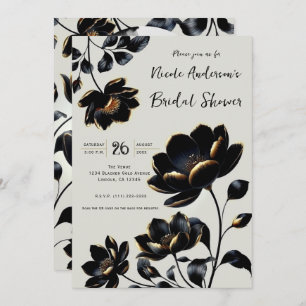 Black & Gold Floral Greige Bridal Shower Invitation
