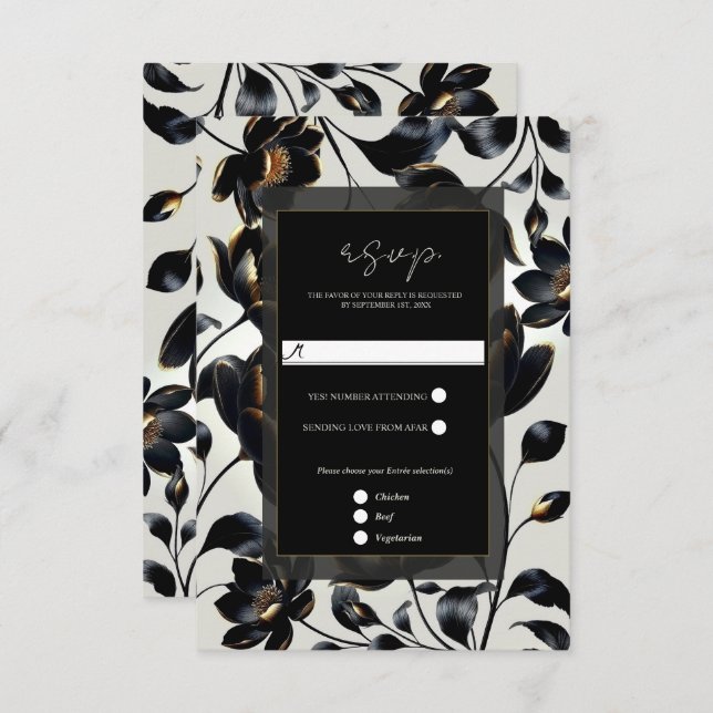 Black & Gold Floral Greige Elegant Wedding RSVP (Front/Back)