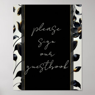 Black & Gold Floral Greige Wedding Guestbook Sign