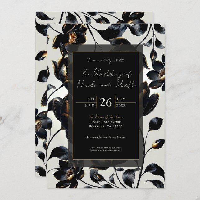 Black & Gold Floral Greige Wedding Invitation (Front/Back)