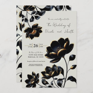 Black & Gold Floral Greige Wedding Invitation