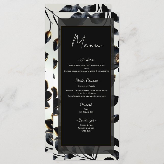 Black & Gold Floral Greige Wedding Menu (Front/Back)