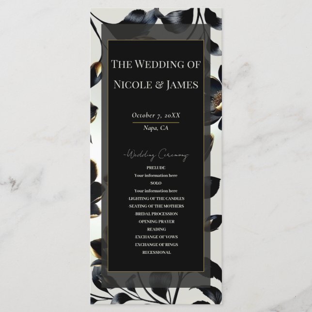 Black & Gold Floral Greige Wedding Program (Front)
