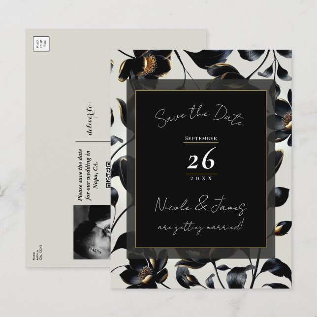 Black & Gold Floral Greige Wedding Save the Date Announcement Postcard (Front/Back)
