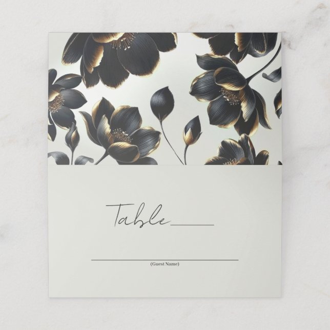 Black & Gold Floral Greige Wedding Table Place Card (Outside Unfolded)