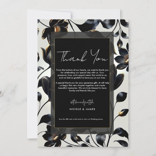 Black & Gold Floral Greige Wedding Thank You Invitation (Front)