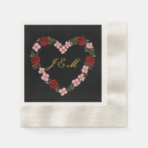 Black & Gold Floral Heart Wedding Striped Napkins