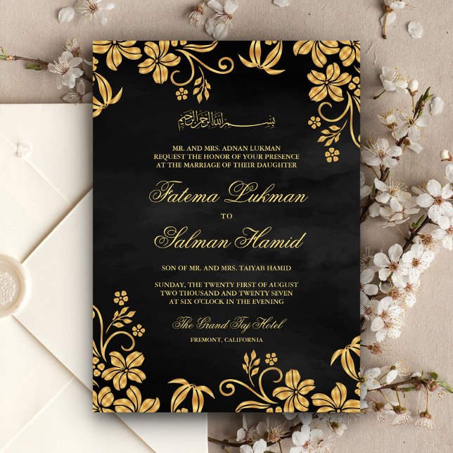 Black Gold Floral Islamic Muslim Wedding Invitation (Creator Uploaded)