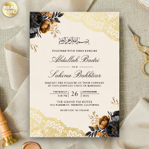 Black Gold Floral Lace Cream Muslim Wedding