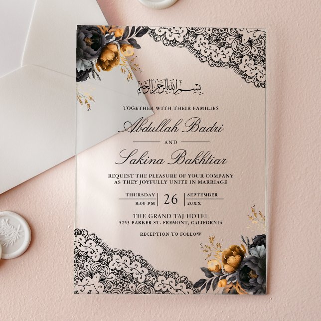 Black Gold Floral Lace Muslim Wedding Acrylic Invitations (Creator Uploaded)
