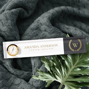 BLACK GOLD FLORAL LAUREL WREATH INITIAL MONOGRAM NAMEPLATE