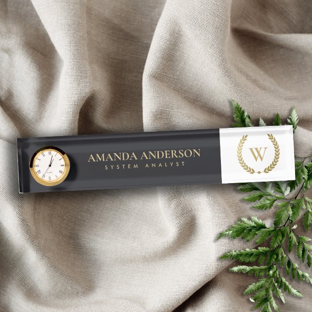 BLACK GOLD FLORAL LAUREL WREATH INITIAL MONOGRAM NAMEPLATE (Creator Uploaded)