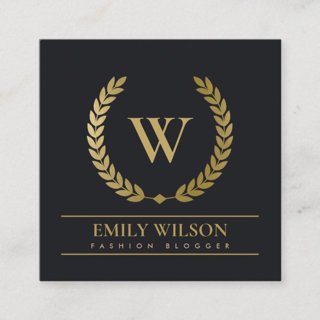 BLACK GOLD FLORAL LAUREL WREATH INITIAL MONOGRAM SQUARE BUSINESS CARD (Front)
