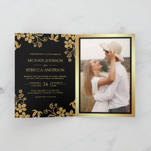Black Gold Floral Leaves QR Code Wedding Invitation