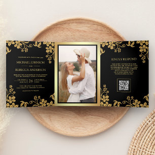 Black Gold Floral Leaves QR Code Wedding Tri-Fold Invitation