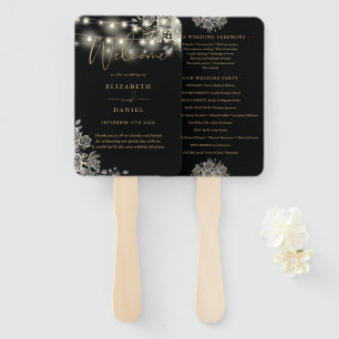 Black Gold Floral Lights Gothic Wedding Program Hand Fan