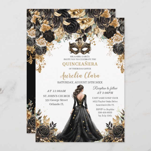Black Gold Floral Masquerade Ball Quinceañera Invitation (Front/Back)