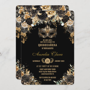 Black Gold Floral Masquerade Ball Quinceañera Invitation