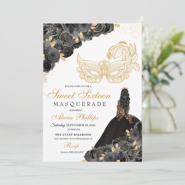 Black & Gold Floral Masquerade Sweet 16 Invitation (Standing Front)