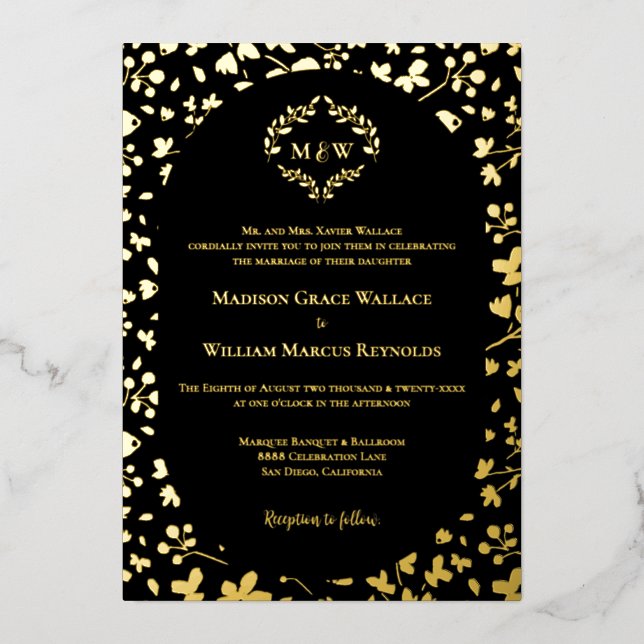 Black & Gold Floral Monogram Elegant Luxe wedding (Front)