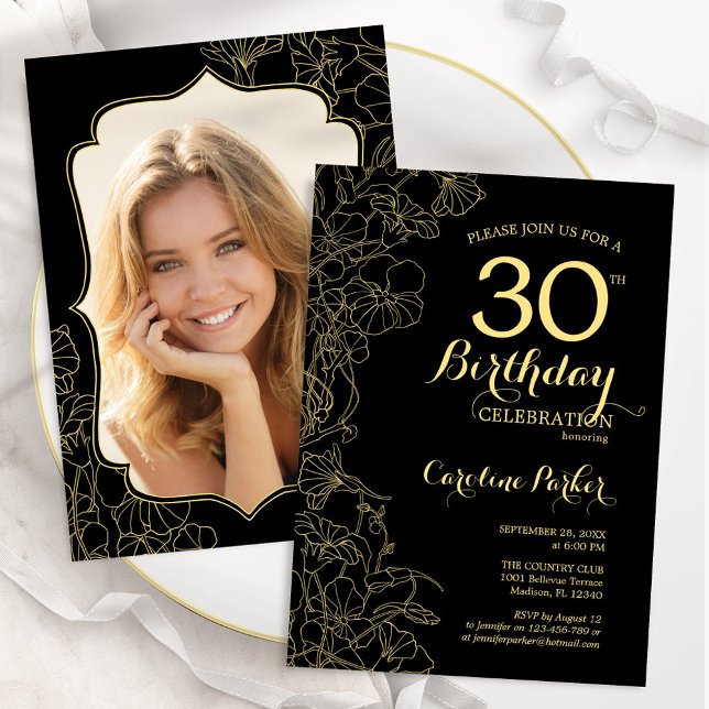Black Gold Floral Photo 30th Birthday Party Invitation (Creator Uploaded)