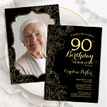 Black Gold Floral Photo 90th Birthday Party Invitation<br><div class="desc">Black gold floral 90th Birthday party invitation with your photo at the back of the card. Minimalist modern design featuring botanical outline drawings accents, faux gold foil and typography script font. Simple trendy invite card perfect for a stylish female bday celebration. Can be customised to any age. Printed Zazzle invitations...</div>