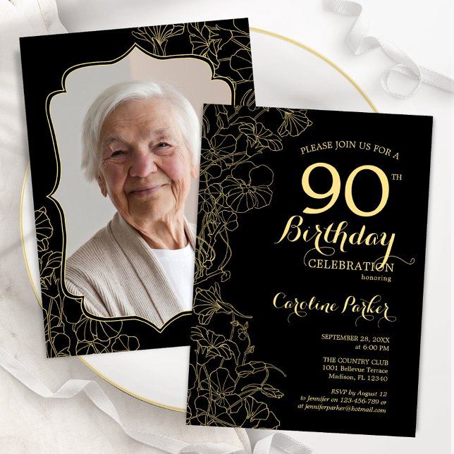 Black Gold Floral Photo 90th Birthday Party Invitation (Creator Uploaded)