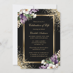 Black Gold Floral Photo Celebration of Life Invitation