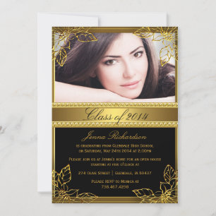 Black & Gold Floral Photo Graduation Party Invite