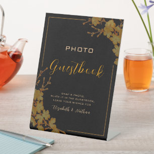 Black & Gold Floral Photo Guestbook Pedestal Sign