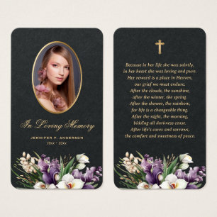 Black Gold Floral Photo Memorial Prayer Cards