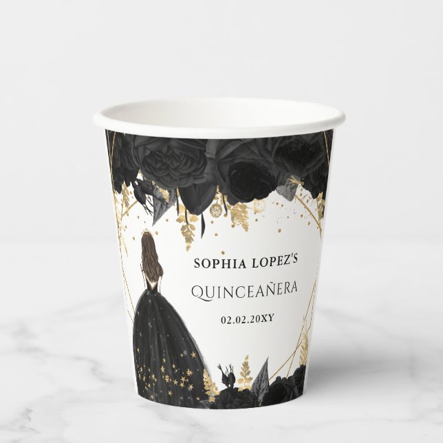 Black Gold Floral Princess Quinceanera  Paper Cups (Front)