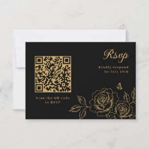 Black & Gold Floral Quinceañera RSVP QR Code Card