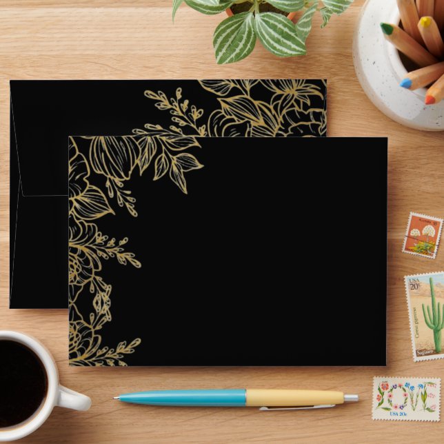 Black Gold Floral Rose Custom Wedding Envelopes (Desk)