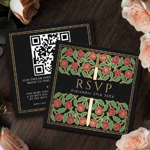Black Gold Floral Royal Wedding RSVP QR Code  Enclosure Card