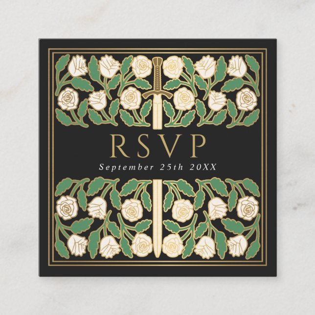 Black Gold Floral Royal Wedding RSVP QR Code  Enclosure Card (Front)
