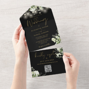 Black Gold Floral String Lights QR Code Wedding All In One Invitation