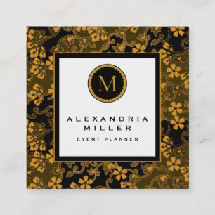 Black & Gold Floral Tapestry Monogram Medallion Square Business Card