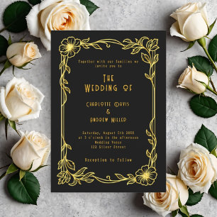 Black gold floral vintage wedding invitation
