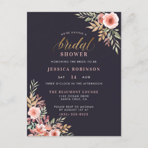 Black & Gold Floral Watercolor Bridal Shower Invitation Postcard