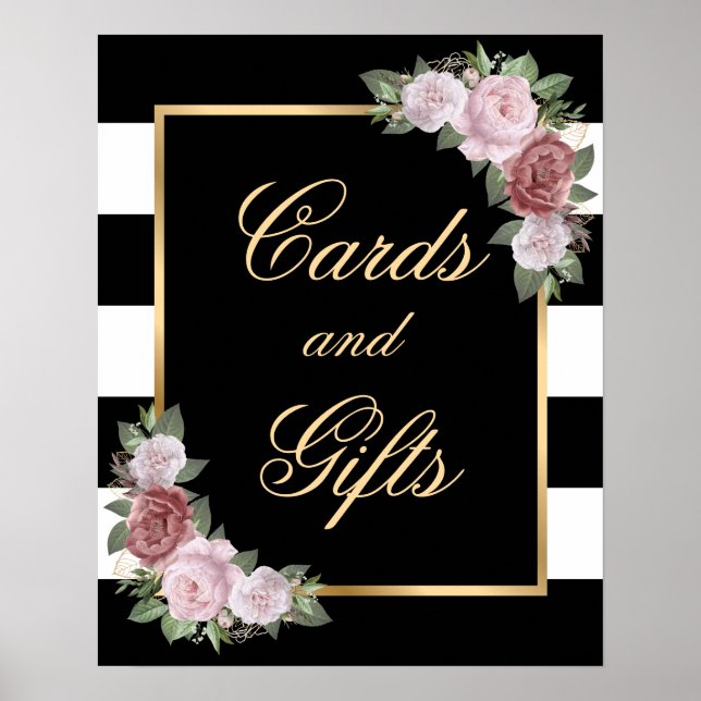 Black Gold Floral Wedding Cards and Gifts Sign (Front)