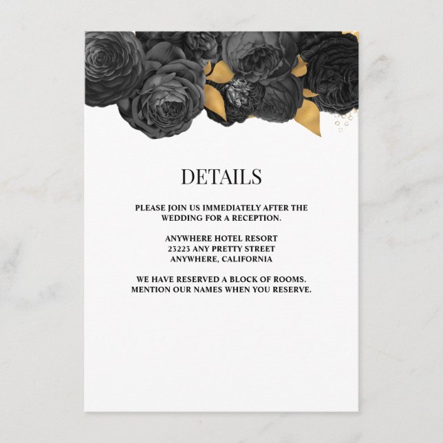 Black/Gold Floral Wedding Details Enclosure Card (Front)