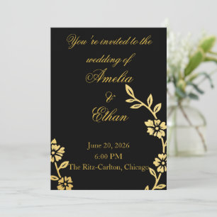 Black & Gold Floral Wedding Invitation Elegant