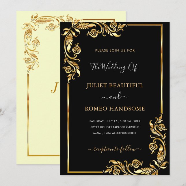 Black Gold Floral Wedding Invitation Example (Front/Back)