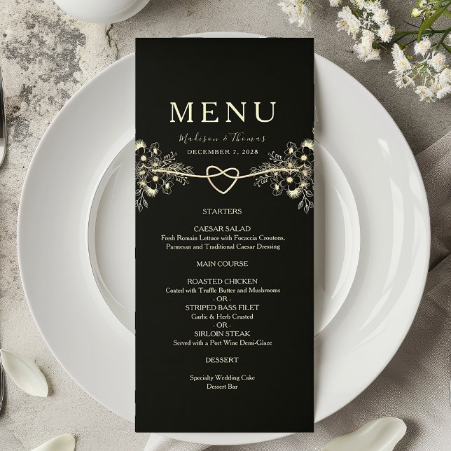 Black Gold Floral Wedding Menu Card (Creator Uploaded)
