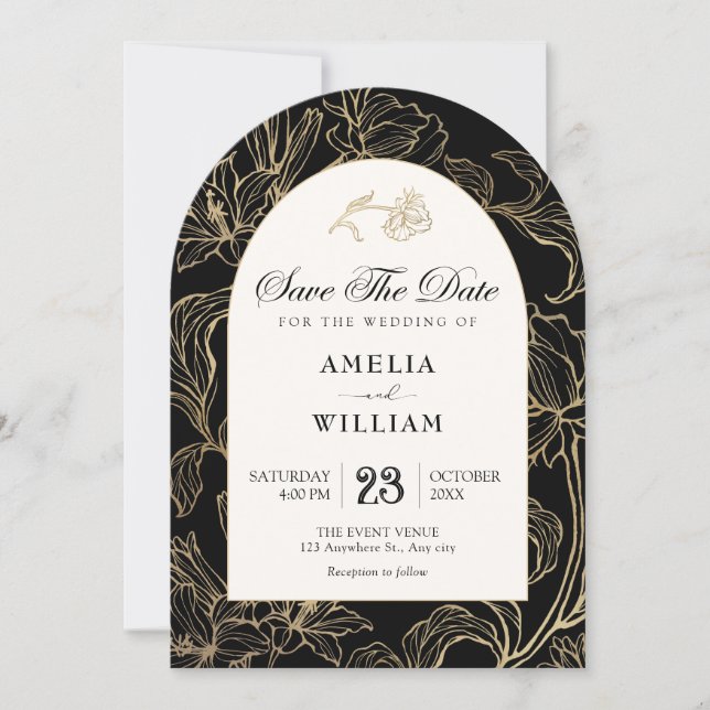 Black gold Floral wedding Save The Date (Front)