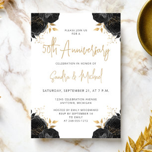 Black Gold Floral White 50th Anniversary Invitation