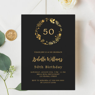 Black gold floral wreath luxury birthday invitation
